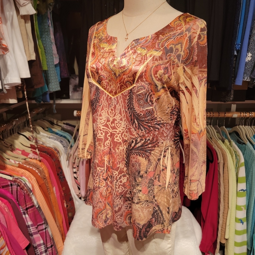 ONEWORLD ♡ Gorgeous Orange|Redish|Black|Tan Graphic Embellished Babydoll Top PL